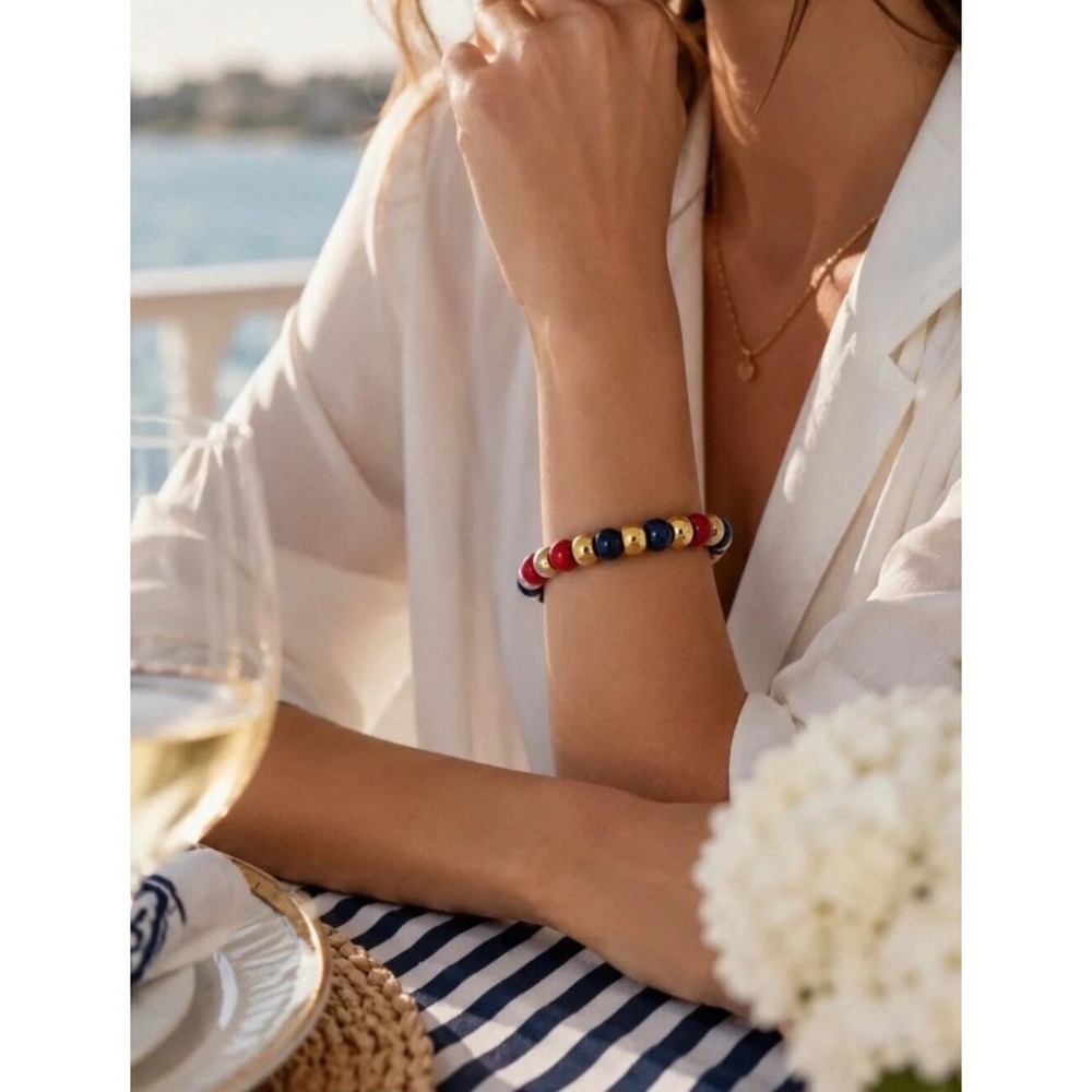 Tuckernuck Claret Beaded Bradley Bracelet Nautical Gold Tone Stretch - Picture 2 of 5